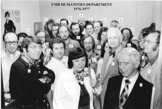 group photo of the department faculty from 76-77 including all of the people listed below